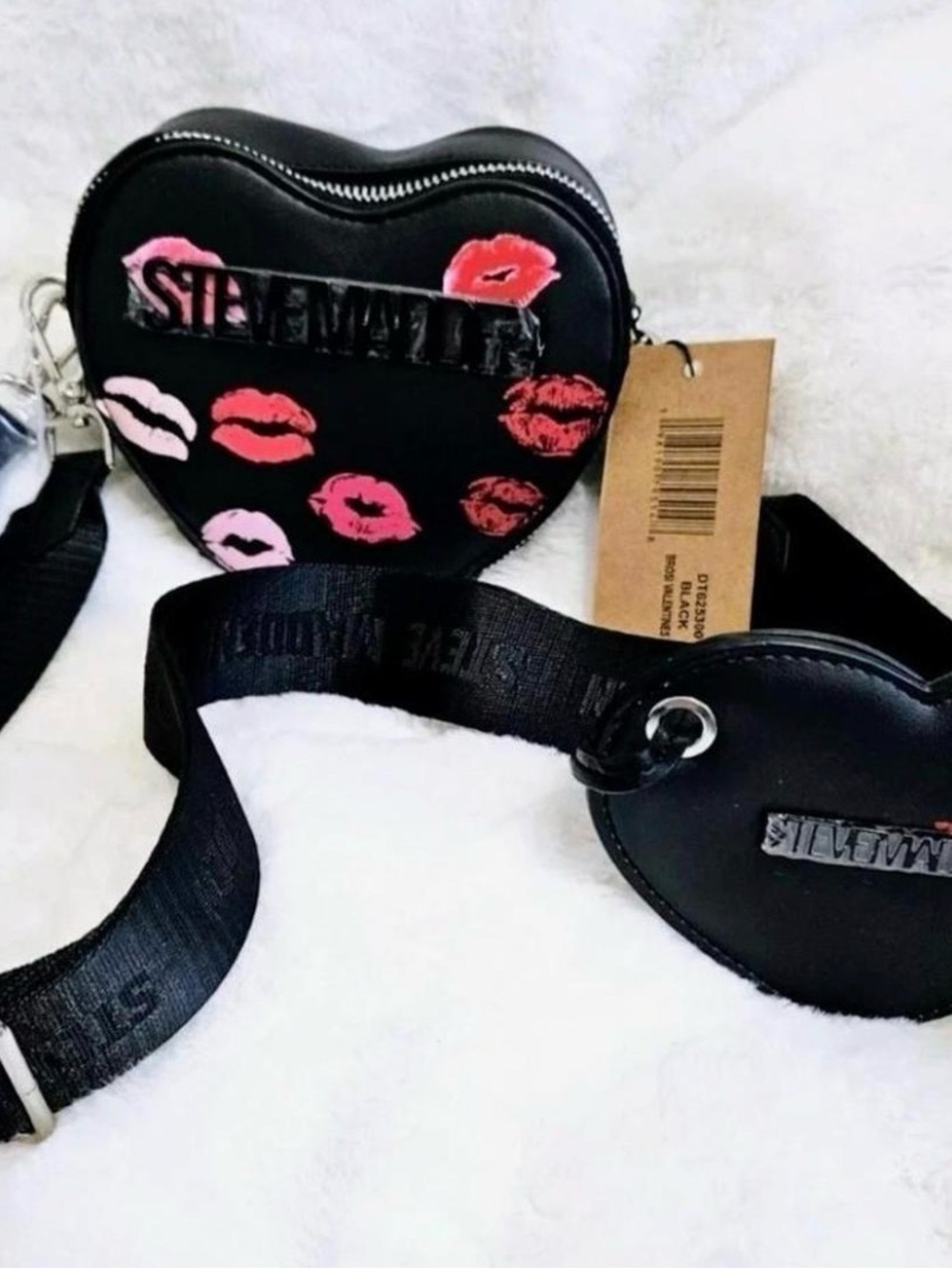 Heart-Shaped Black Crossbody Bag with Lip Print